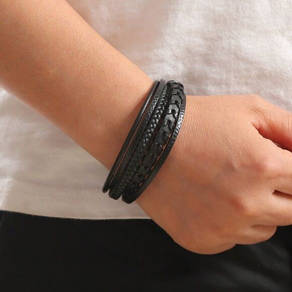 Leather Braided Men Bracelet Navy Blue - Picture 13 of 13